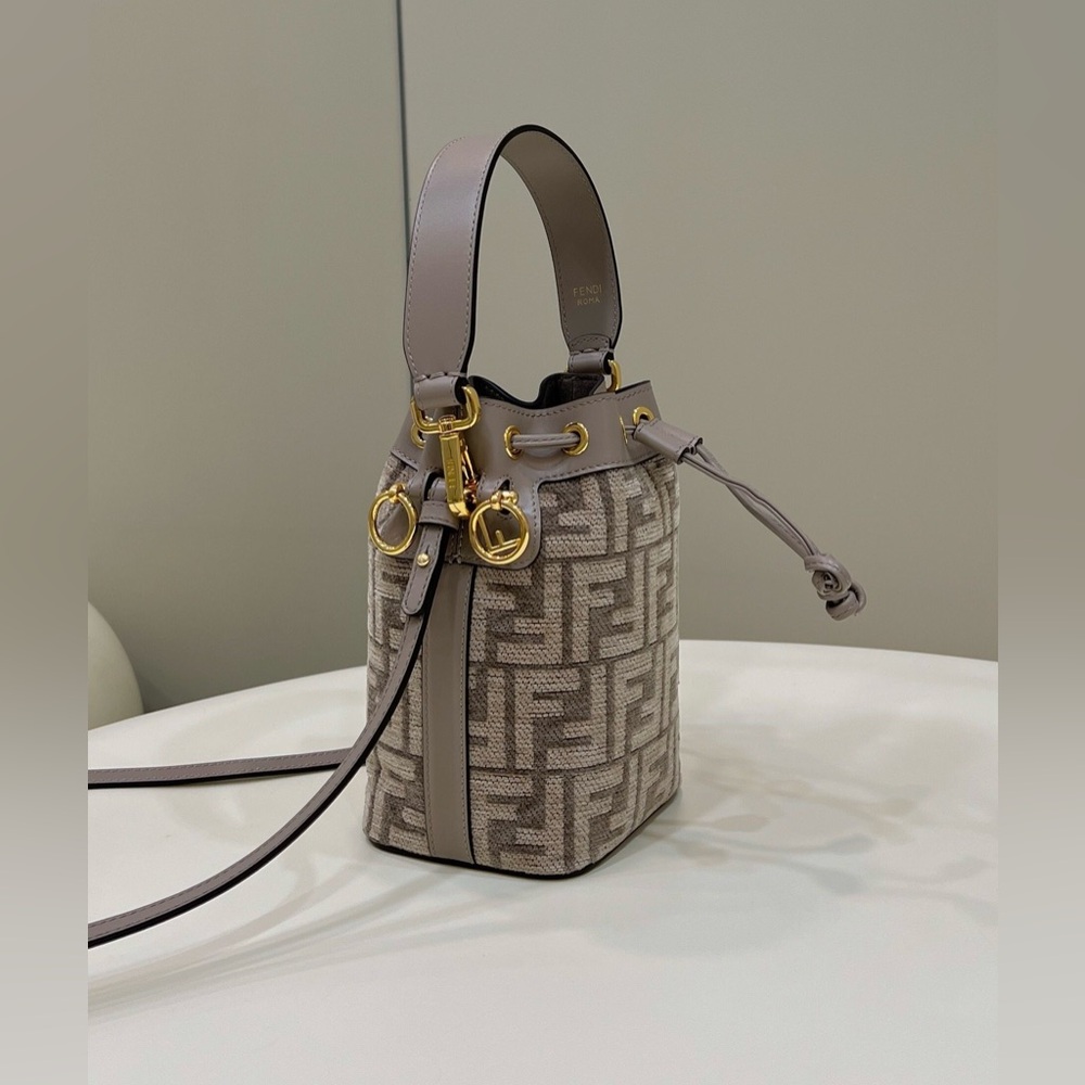 Fendi Mini Mon Tresor Bucket Bag Dove Grey Tapestry Fabric